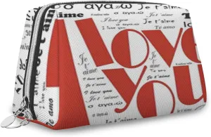I Love You Words,Large Capacity Travel Leather Cosmetic Bag,Newspaper Love Words,Multifunctional Storage Makeup Bag for Women,Red Black,M