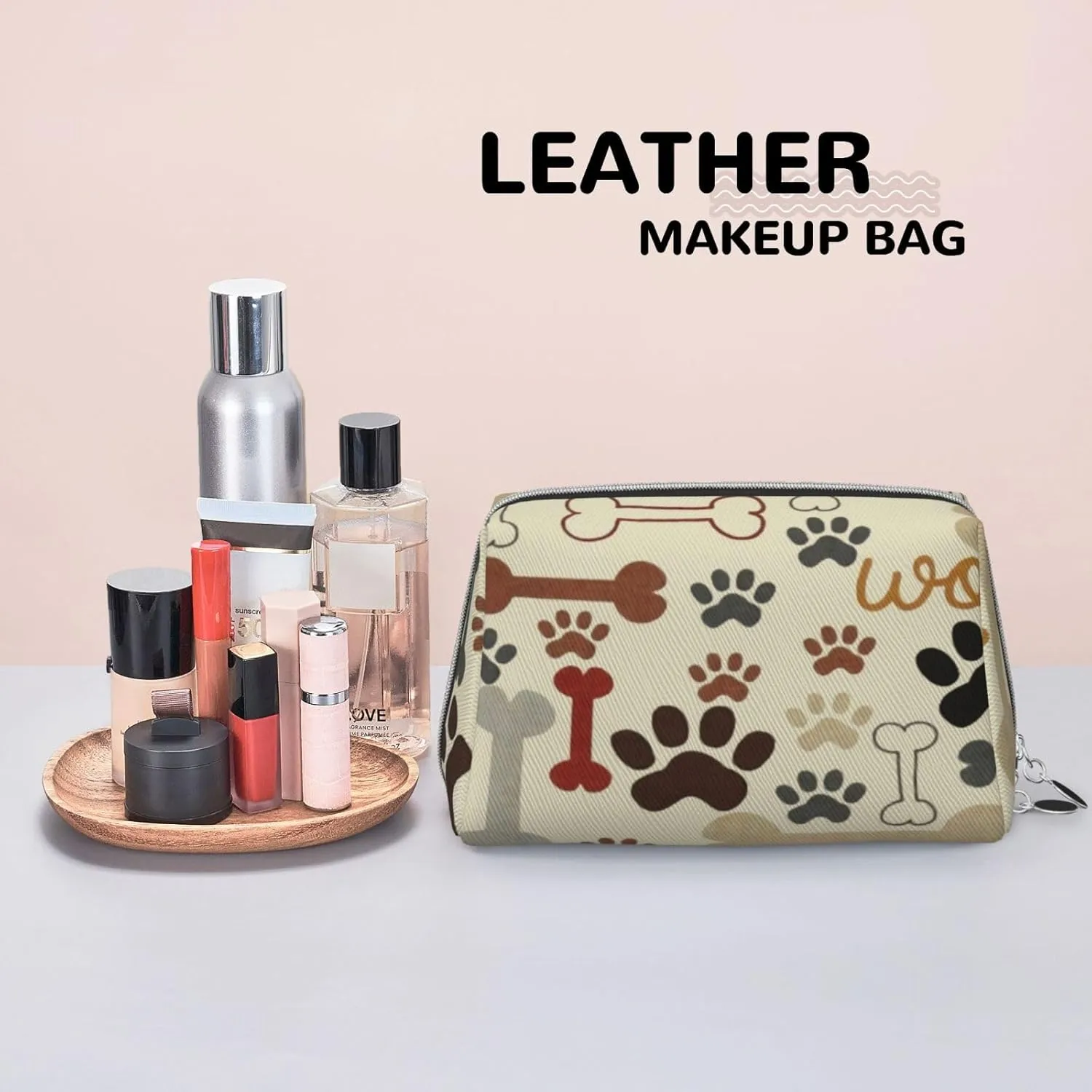 I Love You Words,Large Capacity Travel Leather Cosmetic Bag,Newspaper Love Words,Multifunctional Storage Makeup Bag for Women,Red Black,M