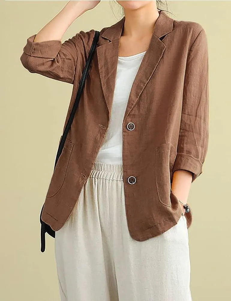 IDEALSANXUN Cotton Linen Blazer for Womens Long Sleeve Loose Casual Blazer Jackets