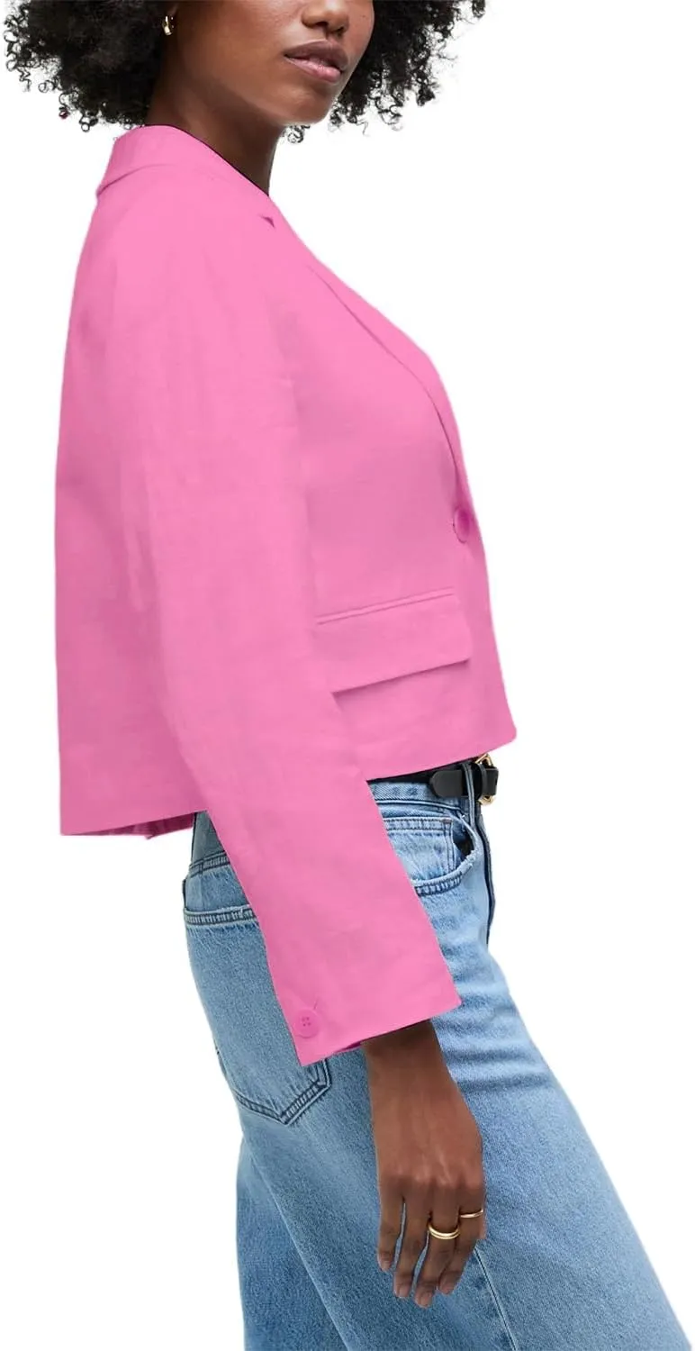 IDEALSANXUN Womens Cropped Blazer Casual Lightweight Cotton Linen Blazer Suit Jackets