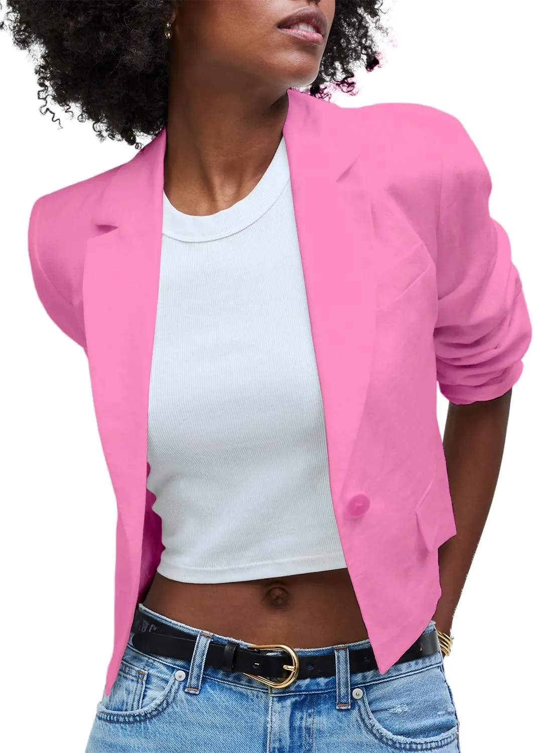 IDEALSANXUN Womens Cropped Blazer Casual Lightweight Cotton Linen Blazer Suit Jackets