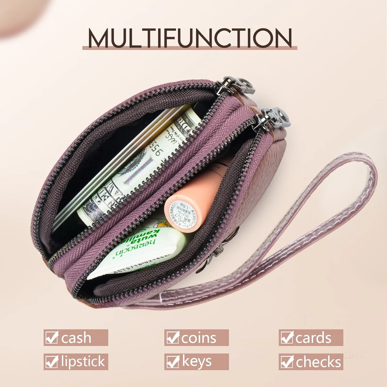 imeetu Women Leather Coin Purse, Small 2 Zippered Change Pouch Wallet