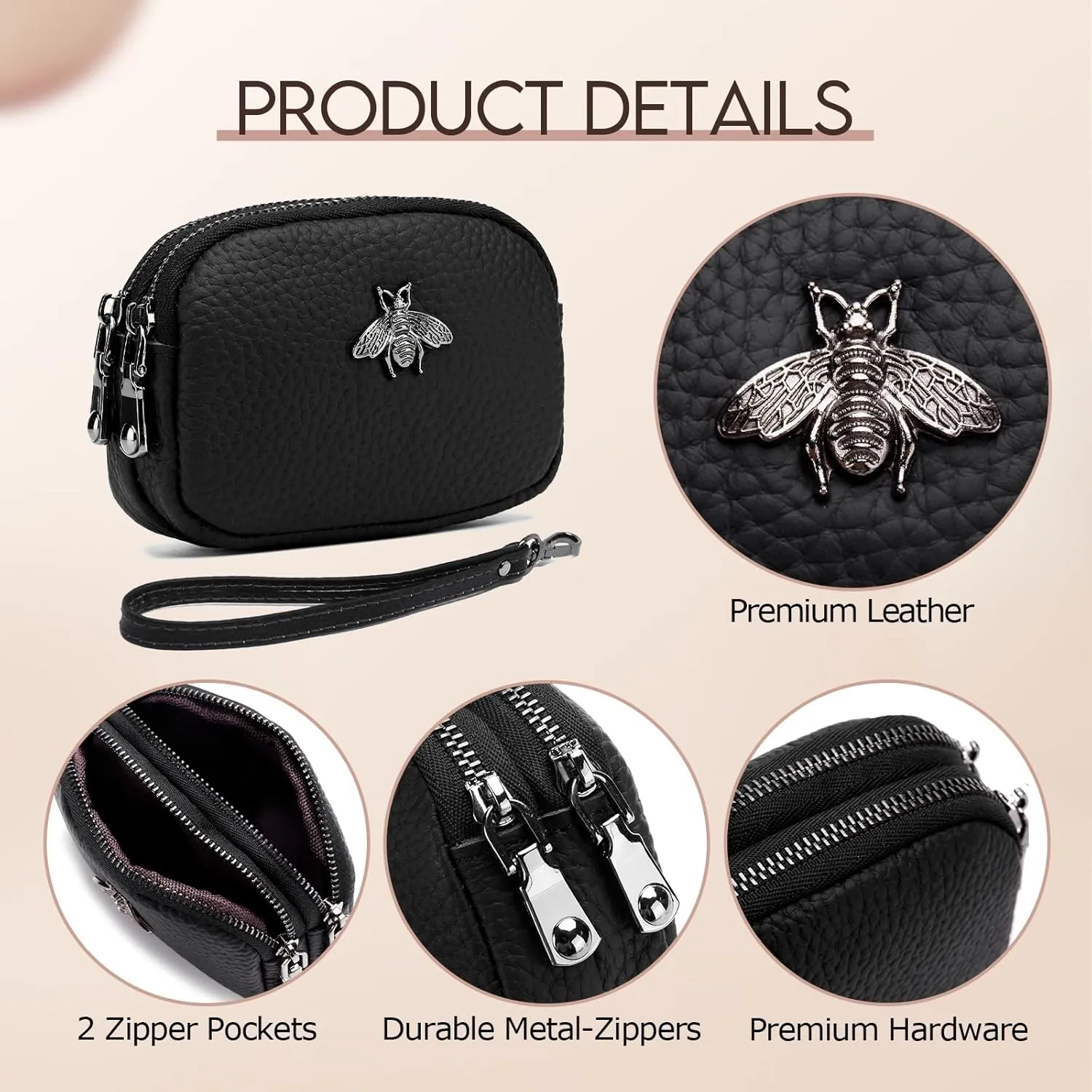 imeetu Women Leather Coin Purse, Small 2 Zippered Change Pouch Wallet