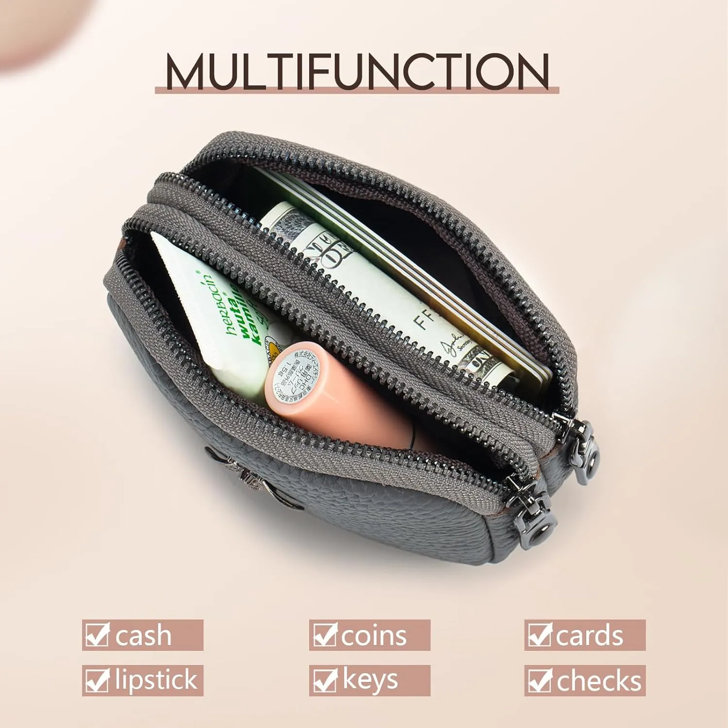 imeetu Women Leather Coin Purse, Small 2 Zippered Change Pouch Wallet