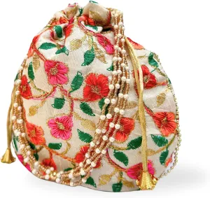 Indian Ethnic Potli bag Ladies Handbag Purse for Bridal Batwa Pearls Handle Purse Clutch Purse for Women