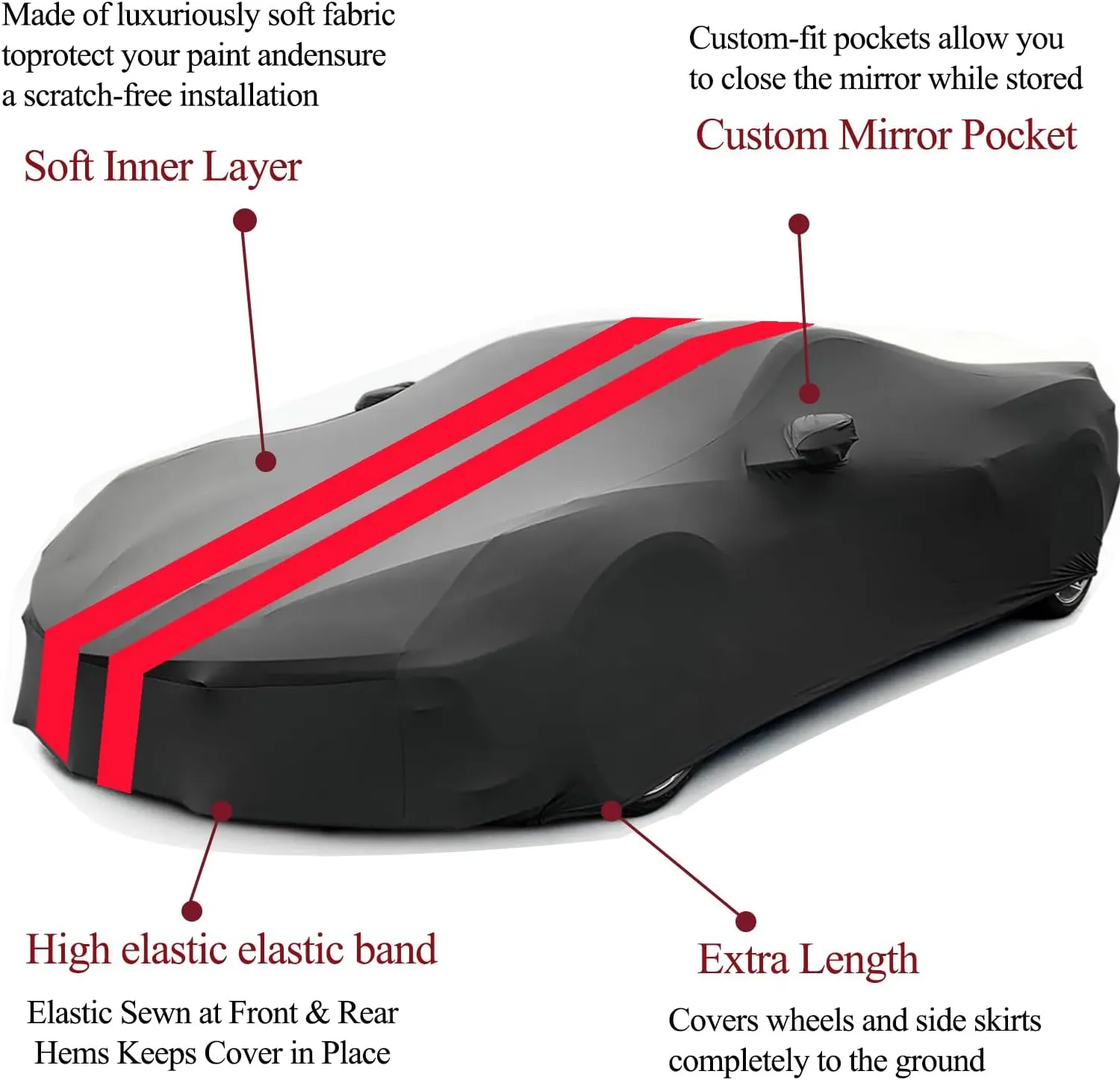 Indoor Car Cover Compatible with 1984–1996 C4 Corvette Custom-fit Breathable Dust-Proof Stretch Car Cover for Underground Garage, Car Show（Black Red）