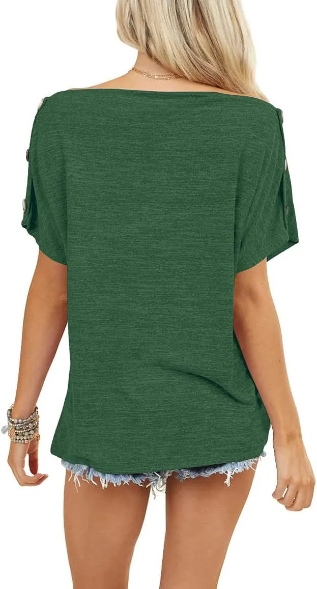 INFITTY Womens Off Shoulder Tops Casual Summer Loose Button Down Short Sleeve Shirt Tunic Blouse
