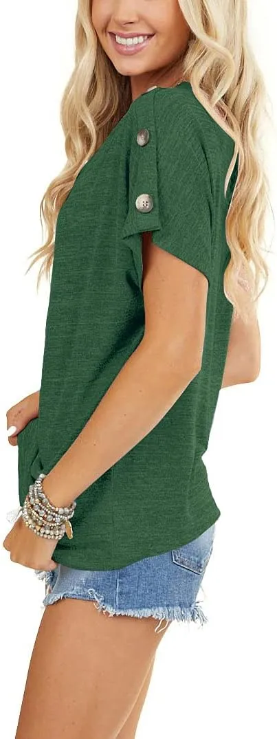 INFITTY Womens Off Shoulder Tops Casual Summer Loose Button Down Short Sleeve Shirt Tunic Blouse