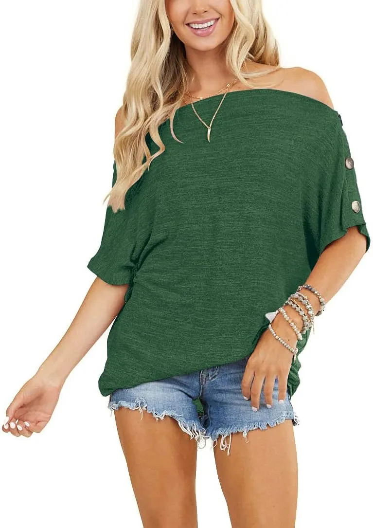 INFITTY Womens Off Shoulder Tops Casual Summer Loose Button Down Short Sleeve Shirt Tunic Blouse