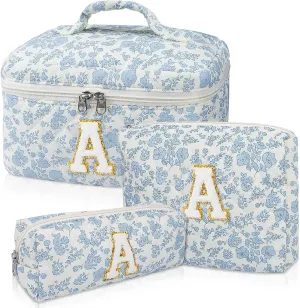 Initial Makeup Bag Set, Personalized Quilted Makeup Bag, Large Floral Cosmetic Bag for Women, Cute Cotton Custom Make up Bags, Flower Travel Toiletry Bag Teen Girl Gift Blue Flower A