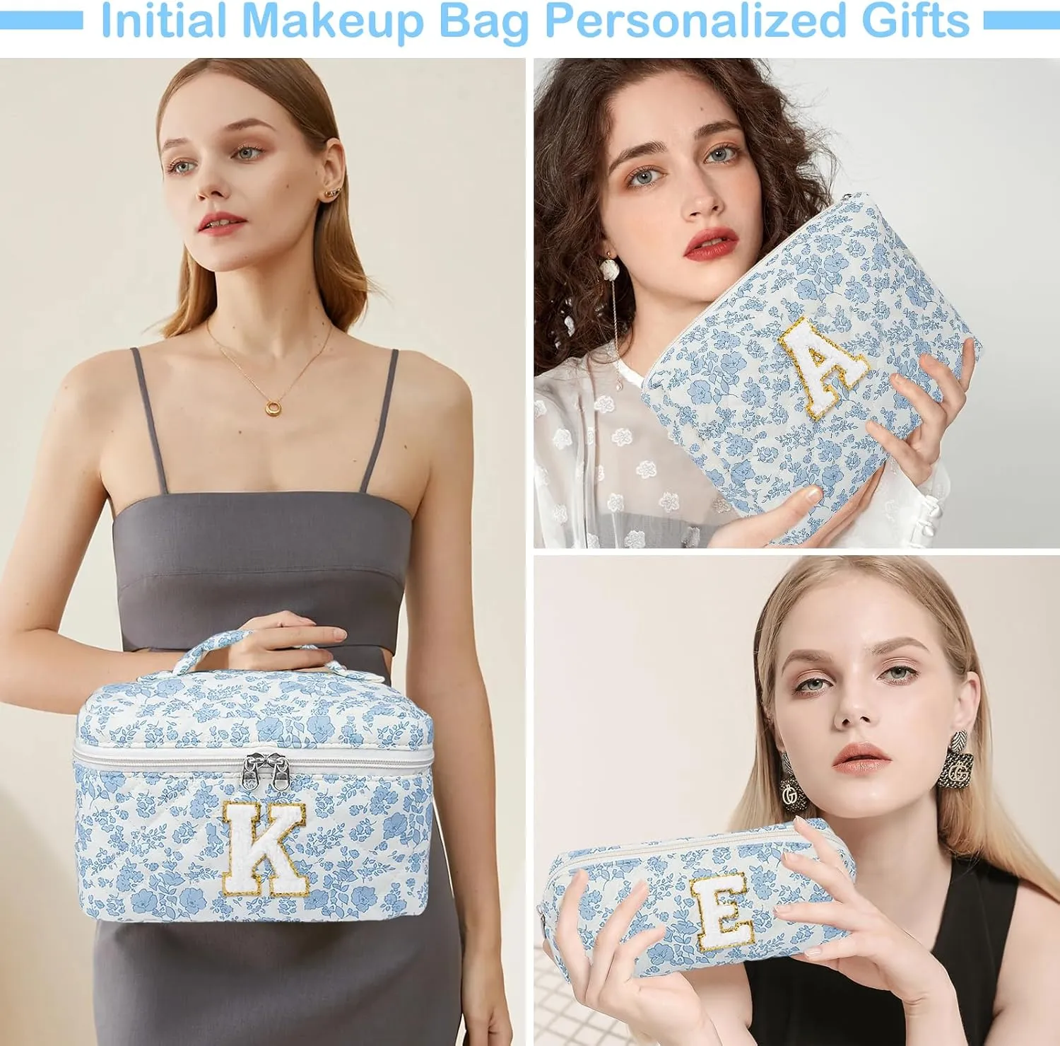 Initial Makeup Bag Set, Personalized Quilted Makeup Bag, Large Floral Cosmetic Bag for Women, Cute Cotton Custom Make up Bags, Flower Travel Toiletry Bag Teen Girl Gift Blue Flower A