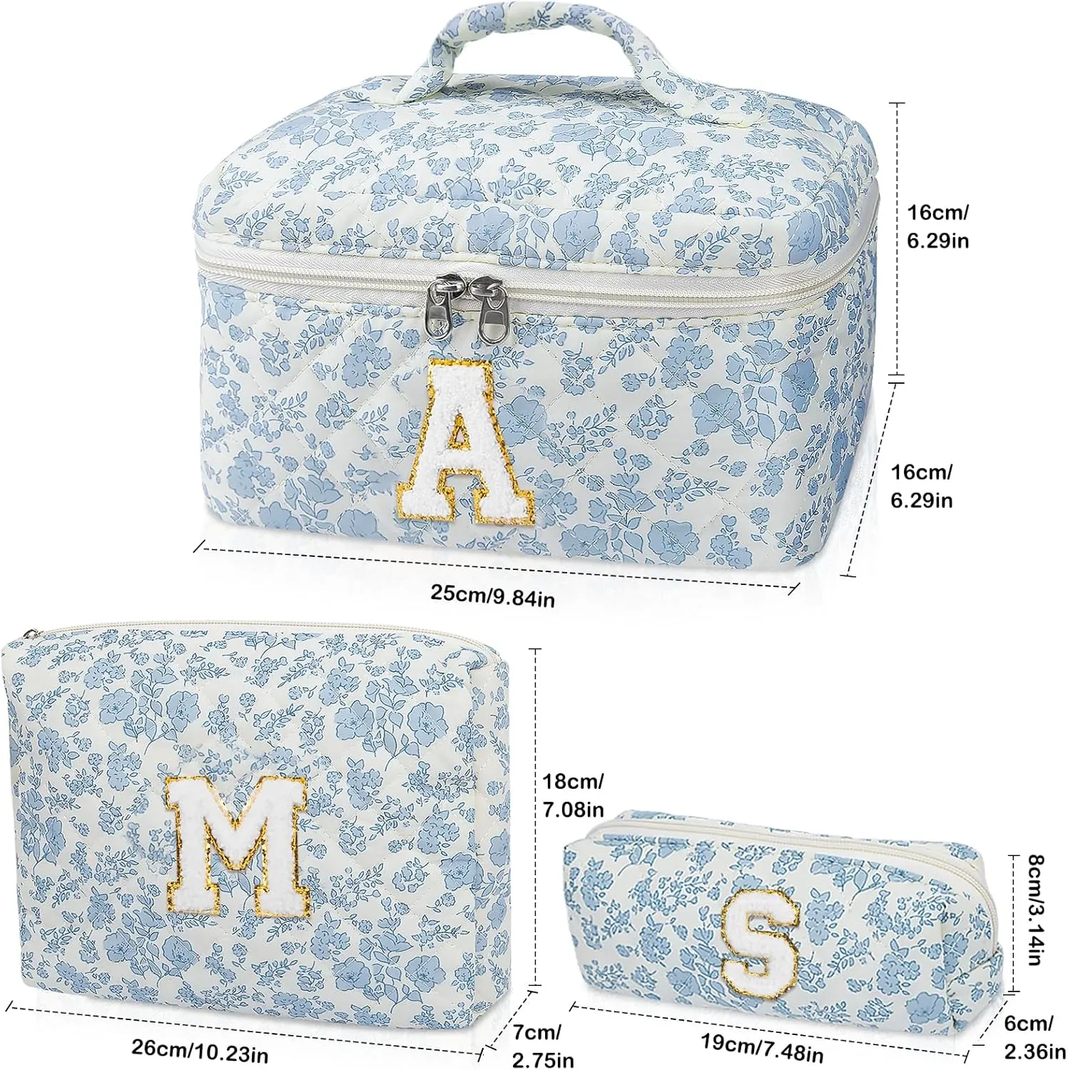Initial Makeup Bag Set, Personalized Quilted Makeup Bag, Large Floral Cosmetic Bag for Women, Cute Cotton Custom Make up Bags, Flower Travel Toiletry Bag Teen Girl Gift Blue Flower A