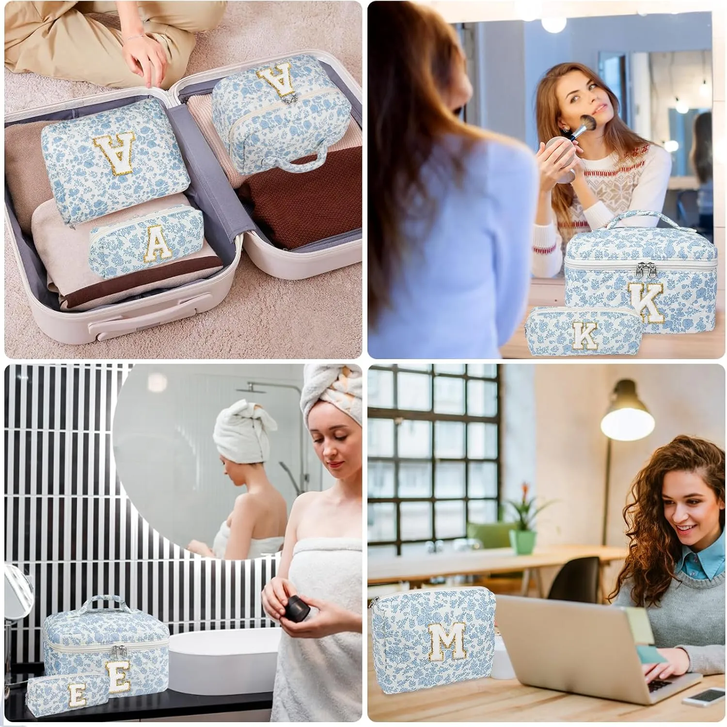 Initial Makeup Bag Set, Personalized Quilted Makeup Bag, Large Floral Cosmetic Bag for Women, Cute Cotton Custom Make up Bags, Flower Travel Toiletry Bag Teen Girl Gift Blue Flower A