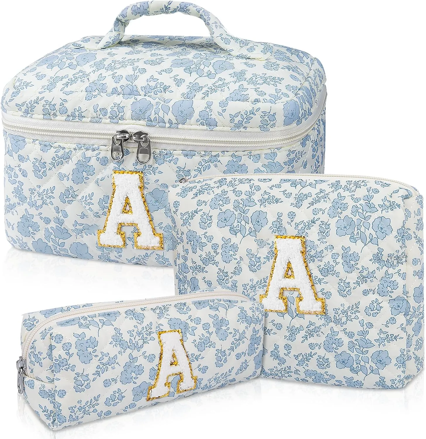 Initial Makeup Bag Set, Personalized Quilted Makeup Bag, Large Floral Cosmetic Bag for Women, Cute Cotton Custom Make up Bags, Flower Travel Toiletry Bag Teen Girl Gift Blue Flower A