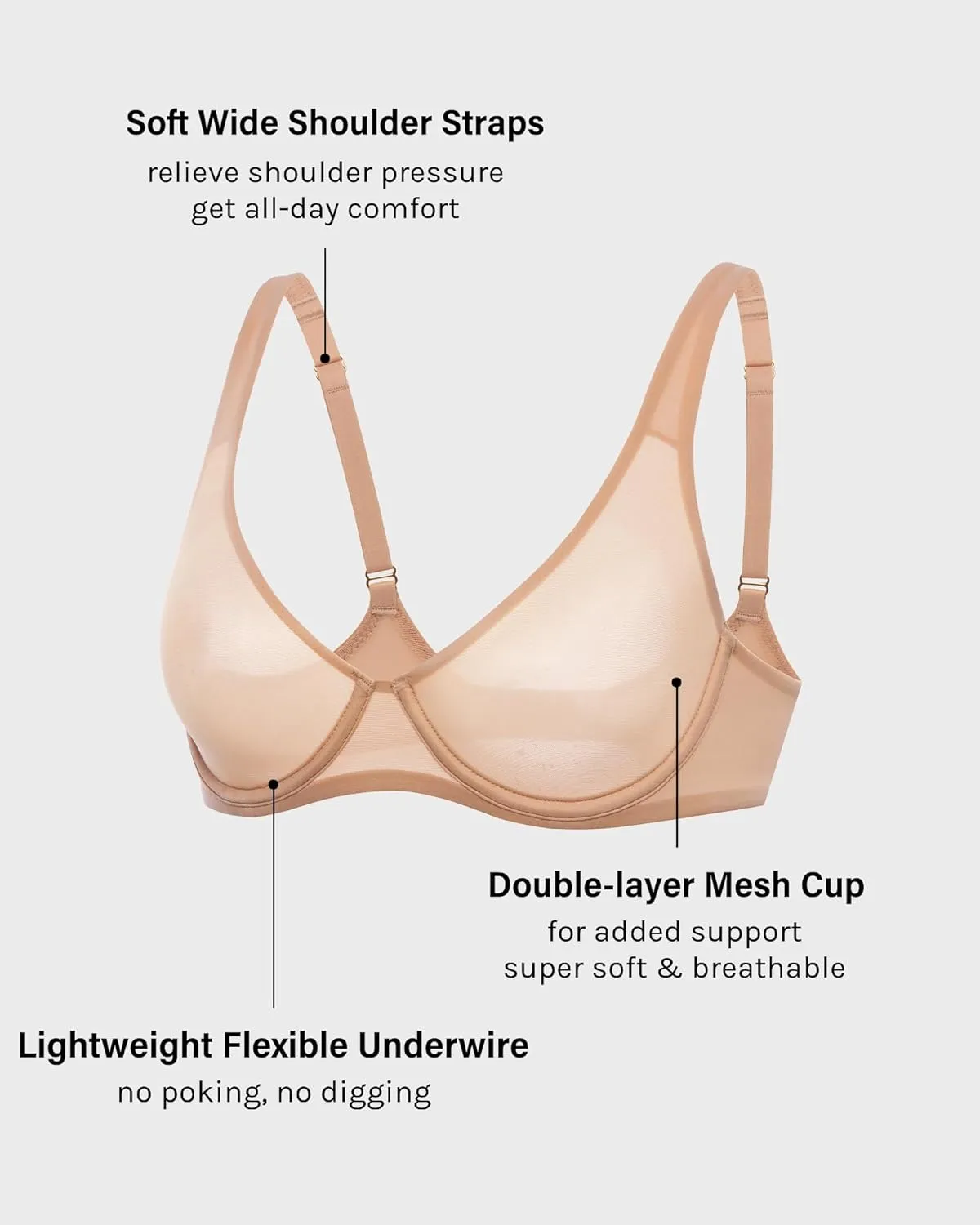 INLYRIC Women's Mesh Balconette Bra Sexy Demi Supportive Comfortable Seamless Underwire Unlined Sheer Bras