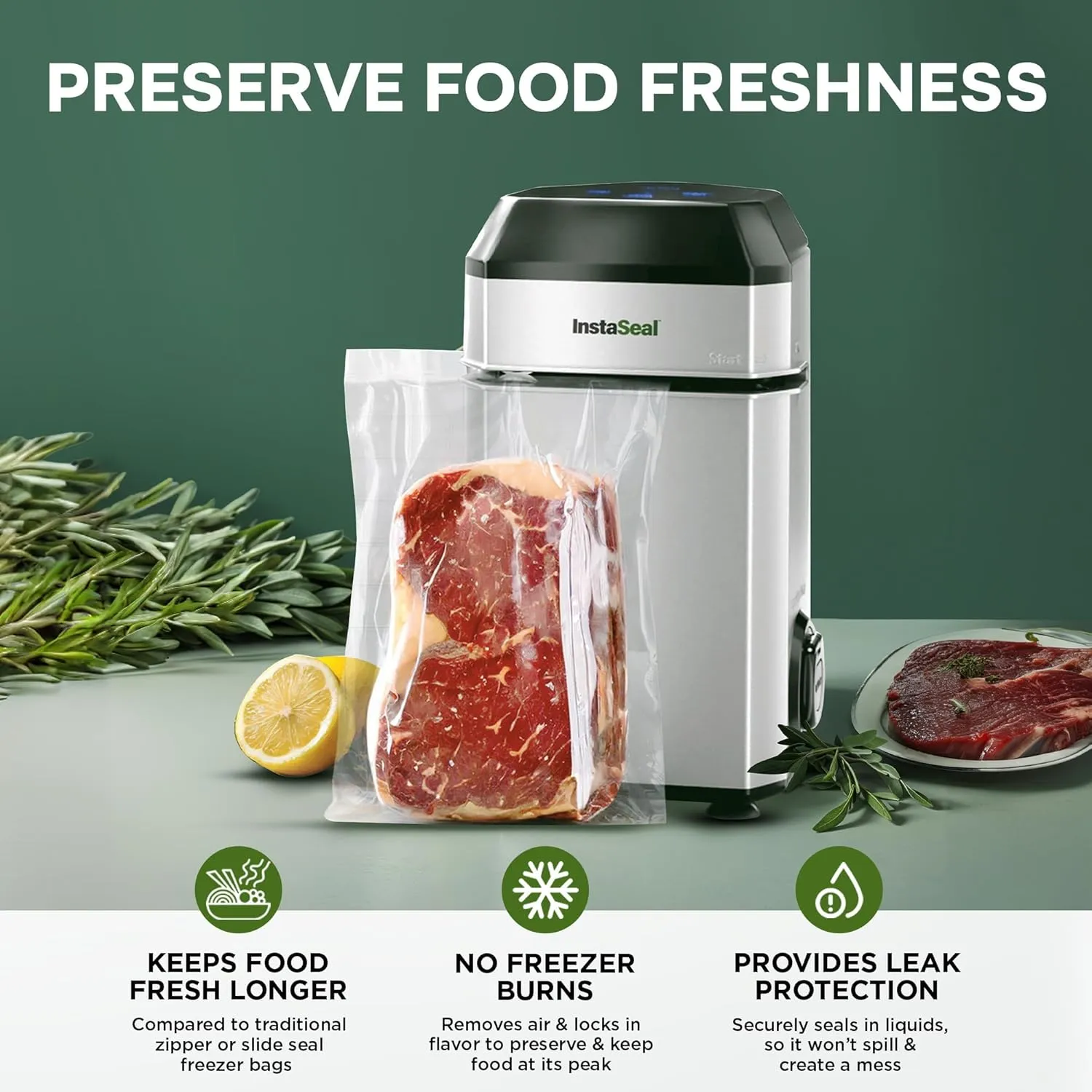 InstaSeal Food Vacuum Sealer Machine with 12 Bags, Compact Upright Food Sealer Vacuum Sealer for Food Allows to Seal Liquids, Marinades, Vegetables, Meats and More, Saver Keeps Food Fresher Longer