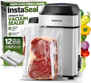 InstaSeal Food Vacuum Sealer Machine with 12 Bags, Compact Upright Food Sealer Vacuum Sealer for Food Allows to Seal Liquids, Marinades, Vegetables, Meats and More, Saver Keeps Food Fresher Longer