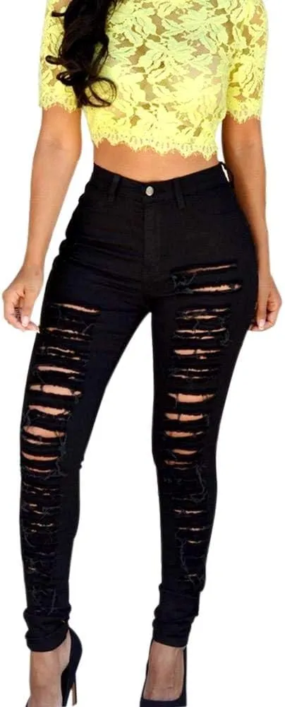 Jack David/Pasion/U.W.D Womens Distressed Denim Jeans Ripped Blue Skinny Destroy Stretch Jean Pants
