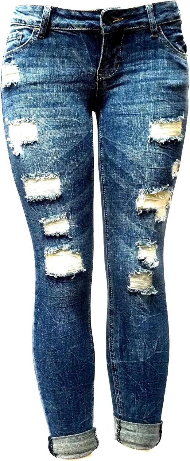 Jack David/Sweet Look Juniors Womens Blue Denim Jeans Destroy Skinny Ripd Distressed Pants