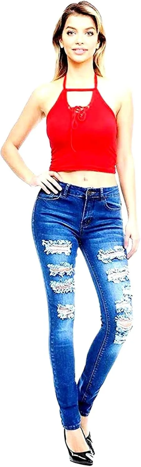 Jack David/Sweet Look Juniors Womens Blue Denim Jeans Destroy Skinny Ripd Distressed Pants