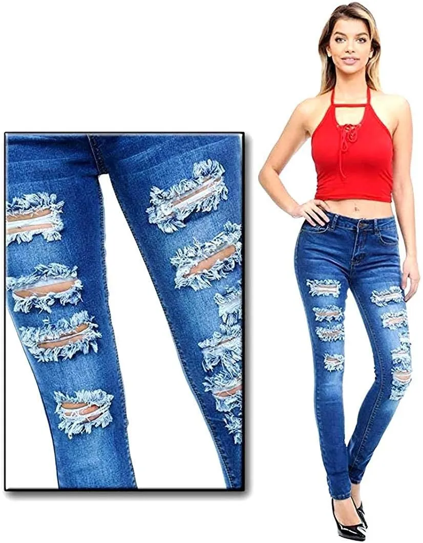 Jack David/Sweet Look Juniors Womens Blue Denim Jeans Destroy Skinny Ripd Distressed Pants