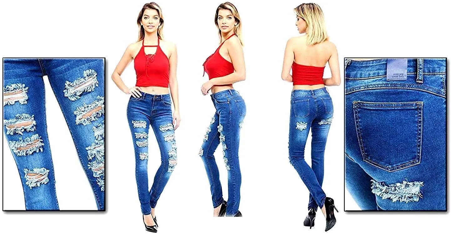 Jack David/Sweet Look Juniors Womens Blue Denim Jeans Destroy Skinny Ripd Distressed Pants