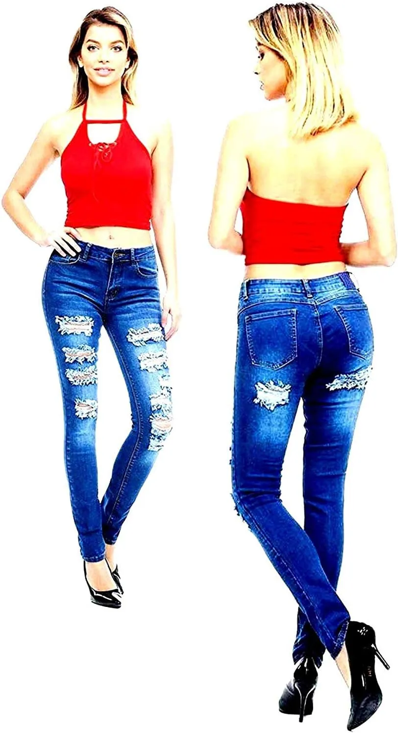 Jack David/Sweet Look Juniors Womens Blue Denim Jeans Destroy Skinny Ripd Distressed Pants