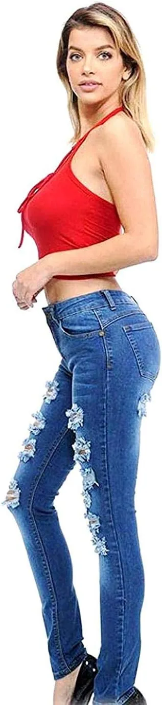 Jack David/Sweet Look Juniors Womens Blue Denim Jeans Destroy Skinny Ripd Distressed Pants