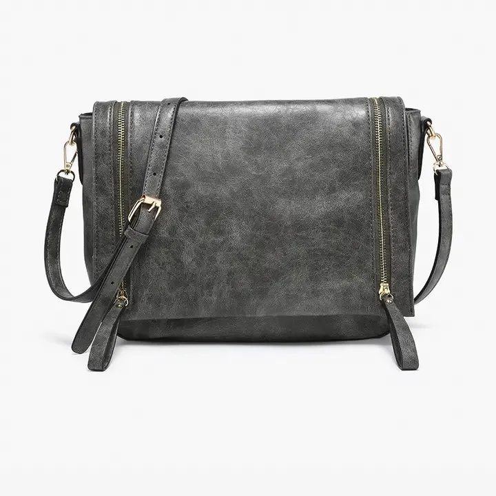 Jen & Co. Foster Distressed Dual Zip Crossbody-Charcoal