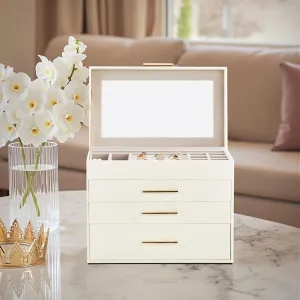 Jewelry Box with Mirror for Women Girls,Jewelry Organizer Box with Clear Lid,3 Drawer PU Jewelry Organizers and Storage,Earring Holder Box,Large Capacity for Necklace Bracelets Rings Earring
