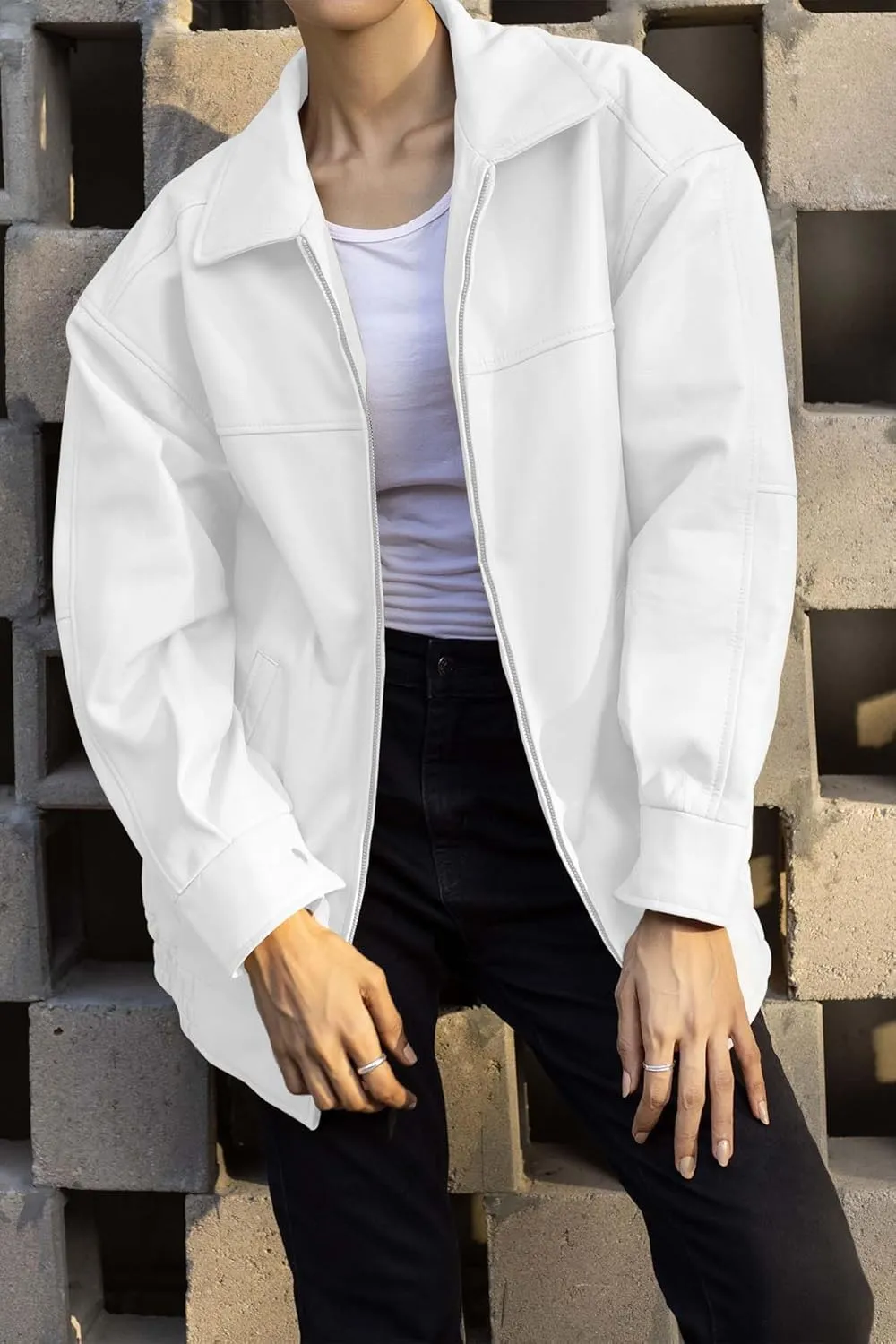 Jild Oversized Leather Jacket Women - Lambskin Leather Fall Jacket for Womens Fashion Plus Size Outfits