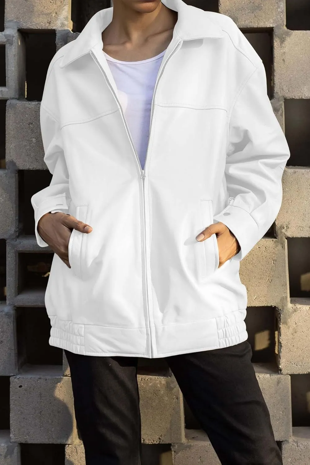 Jild Oversized Leather Jacket Women - Lambskin Leather Fall Jacket for Womens Fashion Plus Size Outfits