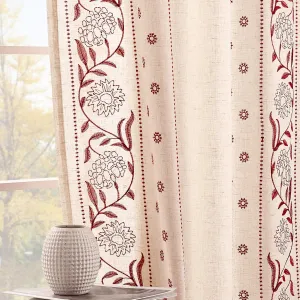 jinchan Linen Curtains for Bedroom 84 Inches Length Linen Blended Embroidered Floral Curtains for Living Room Farmhouse Decor Rod Pocket Light Filtering Window Treatments Red on Beige Drapes 2 Panels