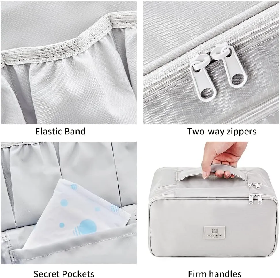 JJ POWER Travel Underwear Organizer, Large Compartment Lightweight Double Layer Cosmetic Bag, Bra Bag for Travel (Grey)