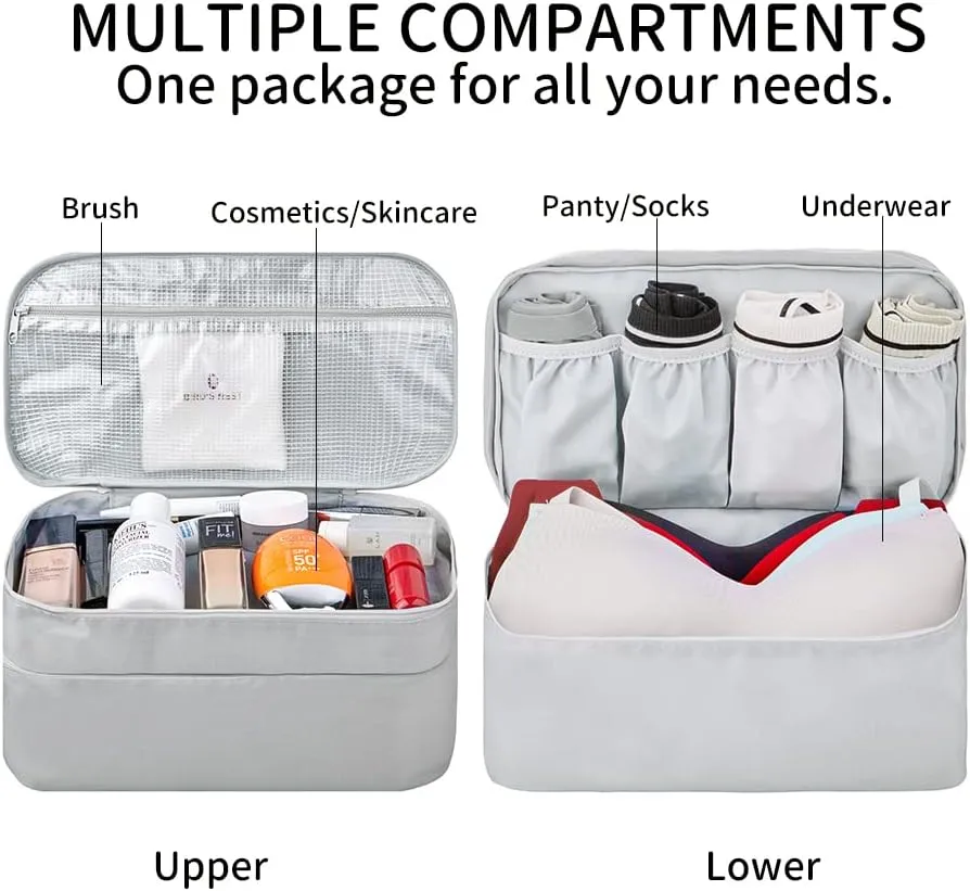 JJ POWER Travel Underwear Organizer, Large Compartment Lightweight Double Layer Cosmetic Bag, Bra Bag for Travel (Grey)