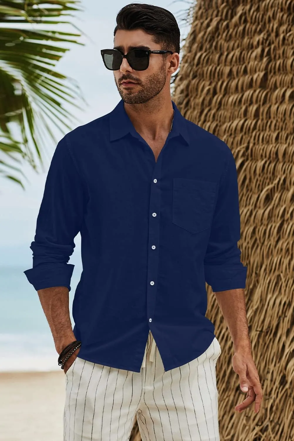 JMIERR Mens Cotton Linen Casual Stylish Button Down Shirt Long Sleeve Dress Shirts