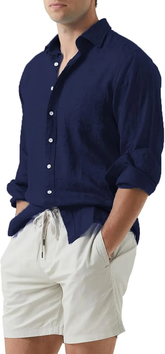 JMIERR Mens Cotton Linen Casual Stylish Button Down Shirt Long Sleeve Dress Shirts