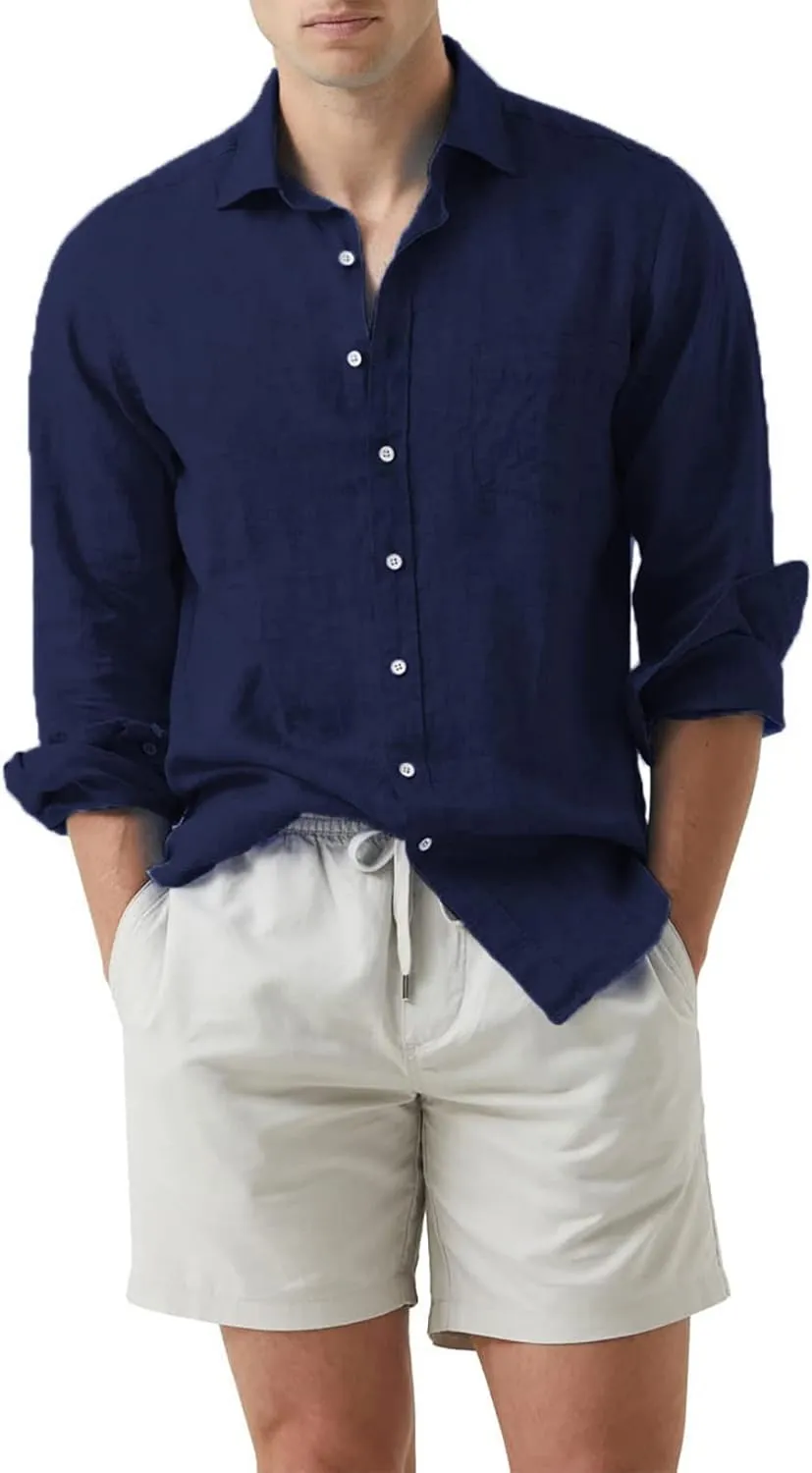 JMIERR Mens Cotton Linen Casual Stylish Button Down Shirt Long Sleeve Dress Shirts