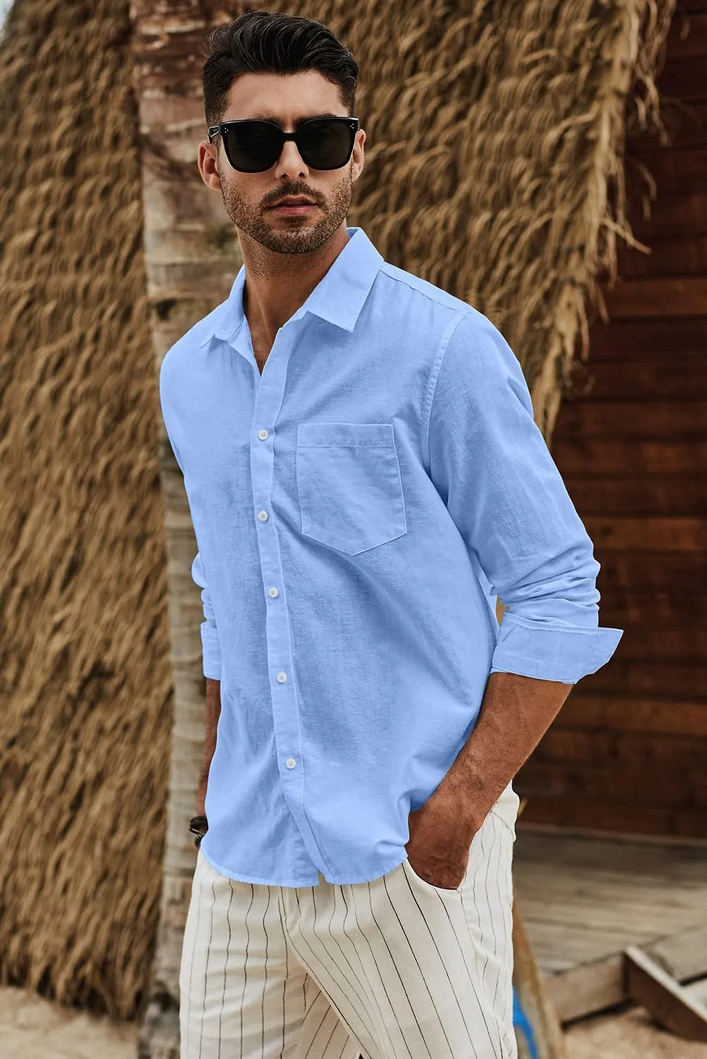 JMIERR Mens Cotton Linen Casual Stylish Button Down Shirt Long Sleeve Dress Shirts
