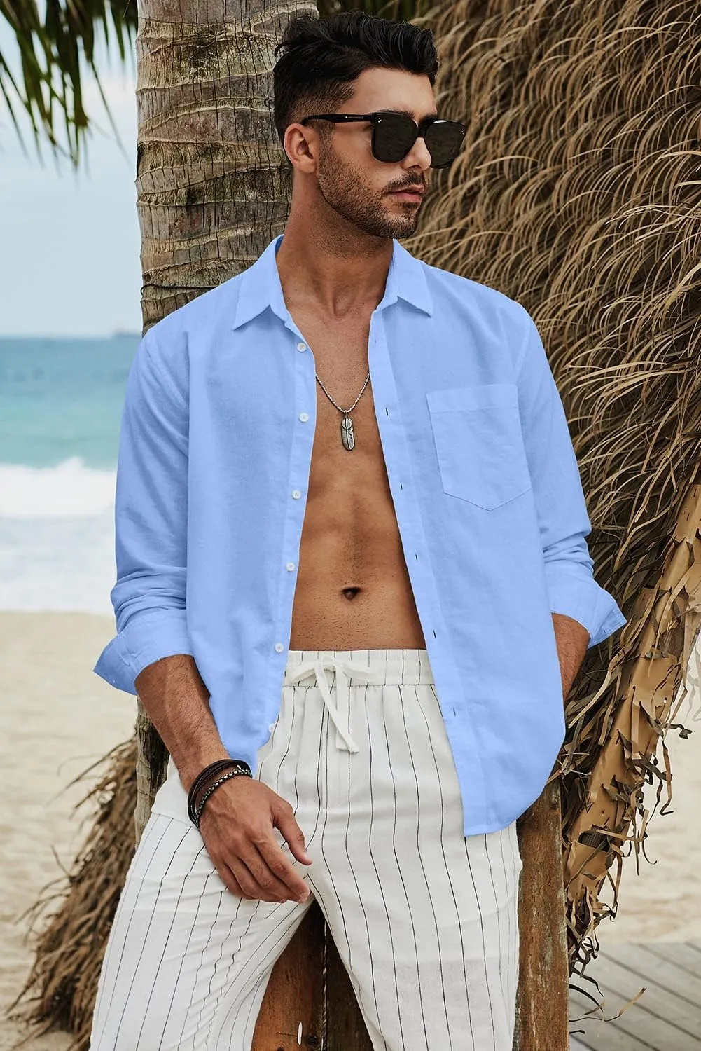 JMIERR Mens Cotton Linen Casual Stylish Button Down Shirt Long Sleeve Dress Shirts