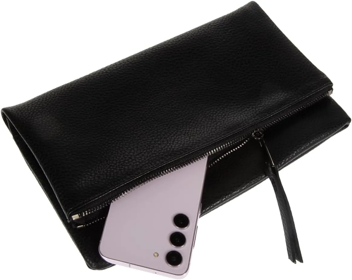 JNB Women's Faux Leather Zipper Foldover Clutch Purse with Tassel