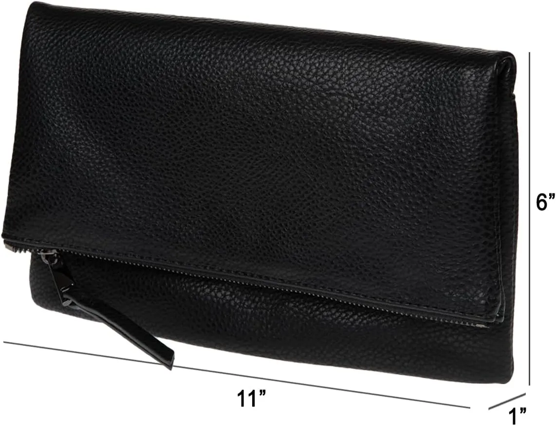 JNB Women's Faux Leather Zipper Foldover Clutch Purse with Tassel