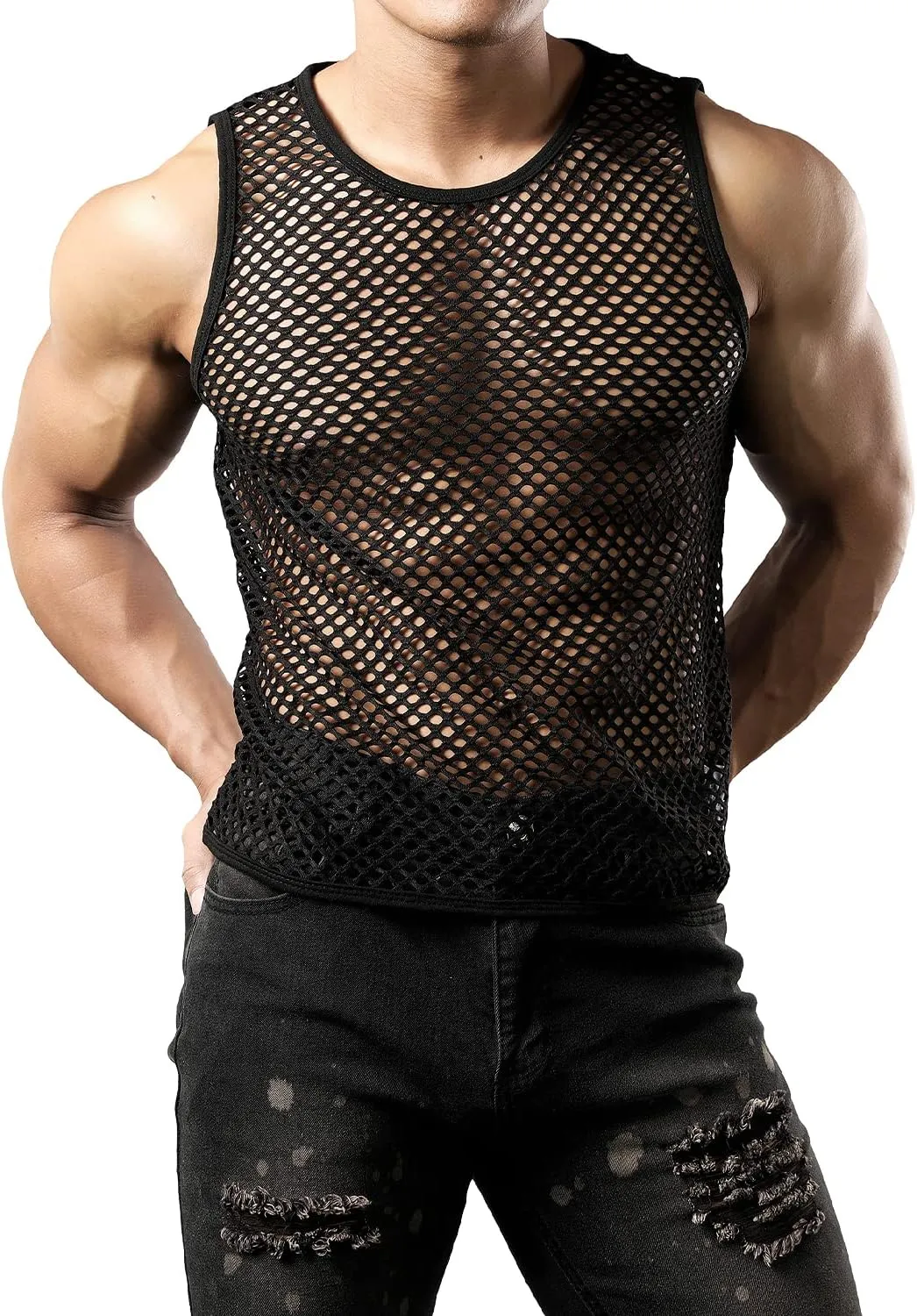 JOGAL Men's Mesh Fishnet Fitted Sleeveless Muscle Top