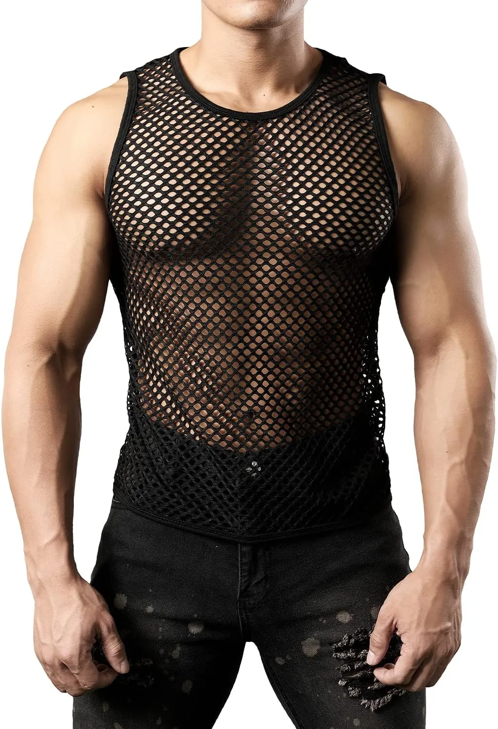 JOGAL Men's Mesh Fishnet Fitted Sleeveless Muscle Top