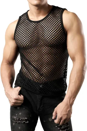 JOGAL Men's Mesh Fishnet Fitted Sleeveless Muscle Top