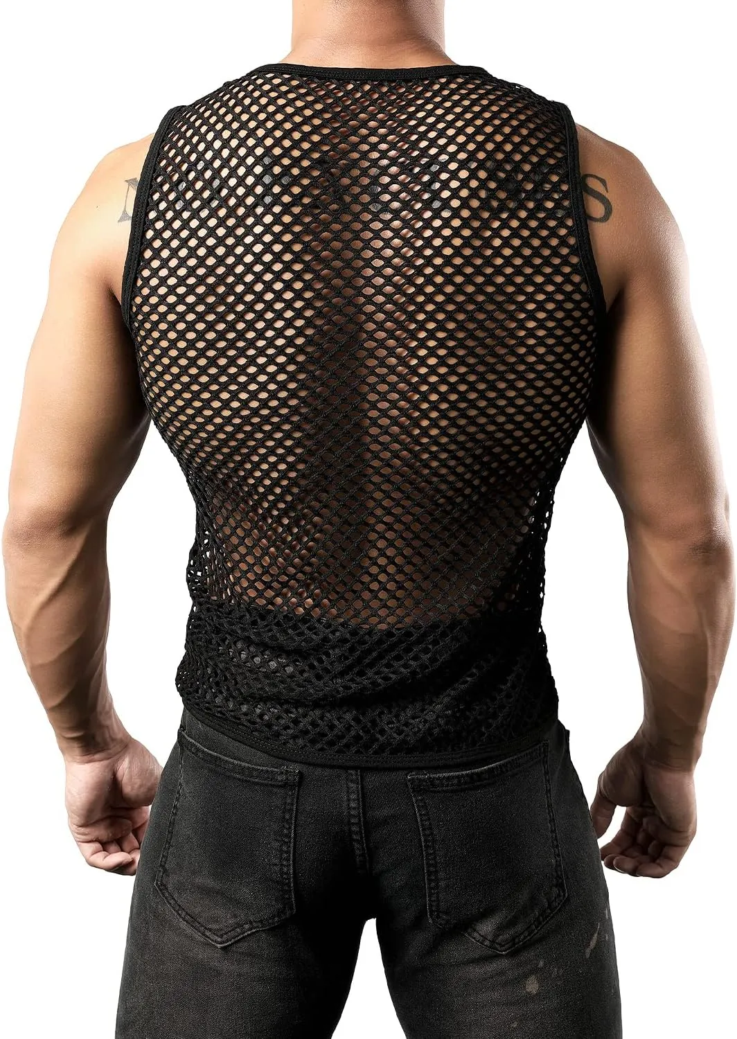 JOGAL Men's Mesh Fishnet Fitted Sleeveless Muscle Top