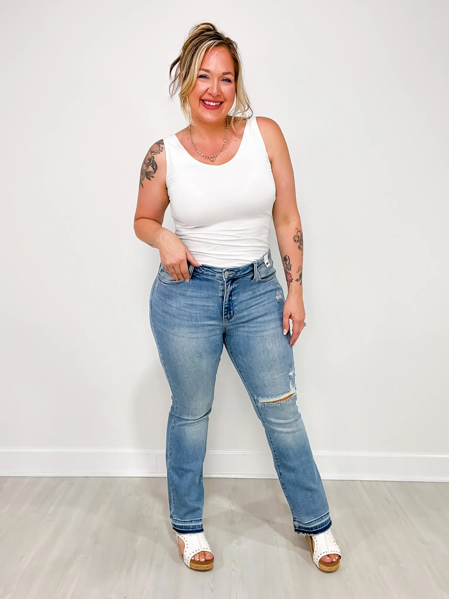 Judy Blue American Girl Mid-Rise Distressed Hem Bootcut Jeans