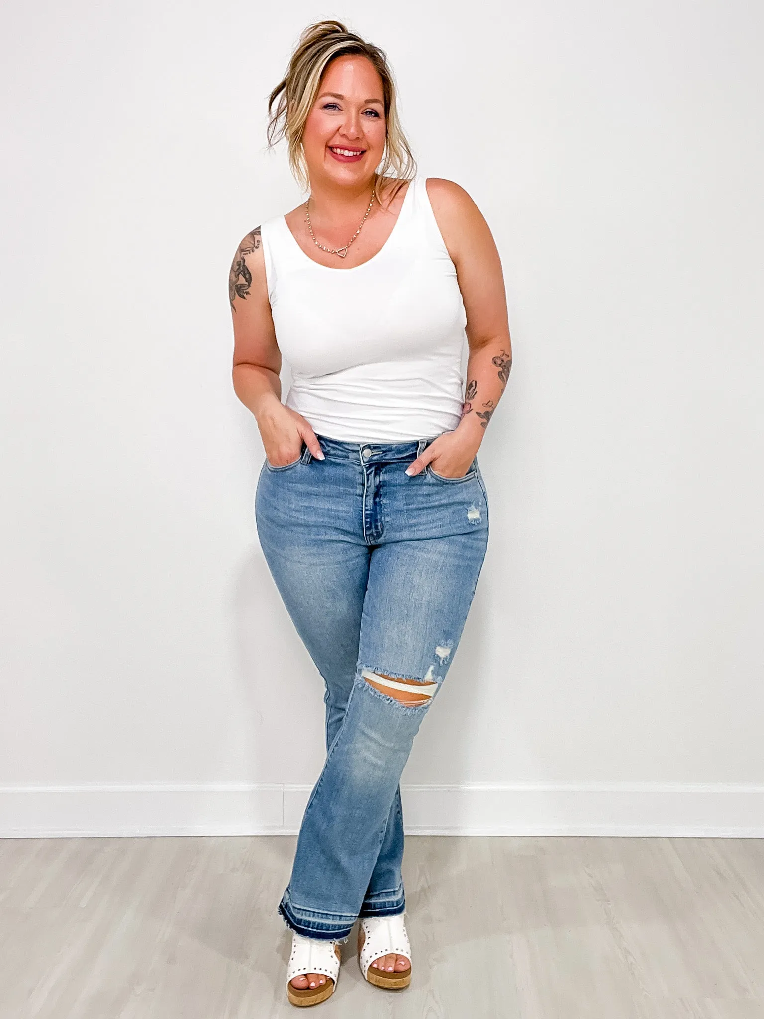 Judy Blue American Girl Mid-Rise Distressed Hem Bootcut Jeans