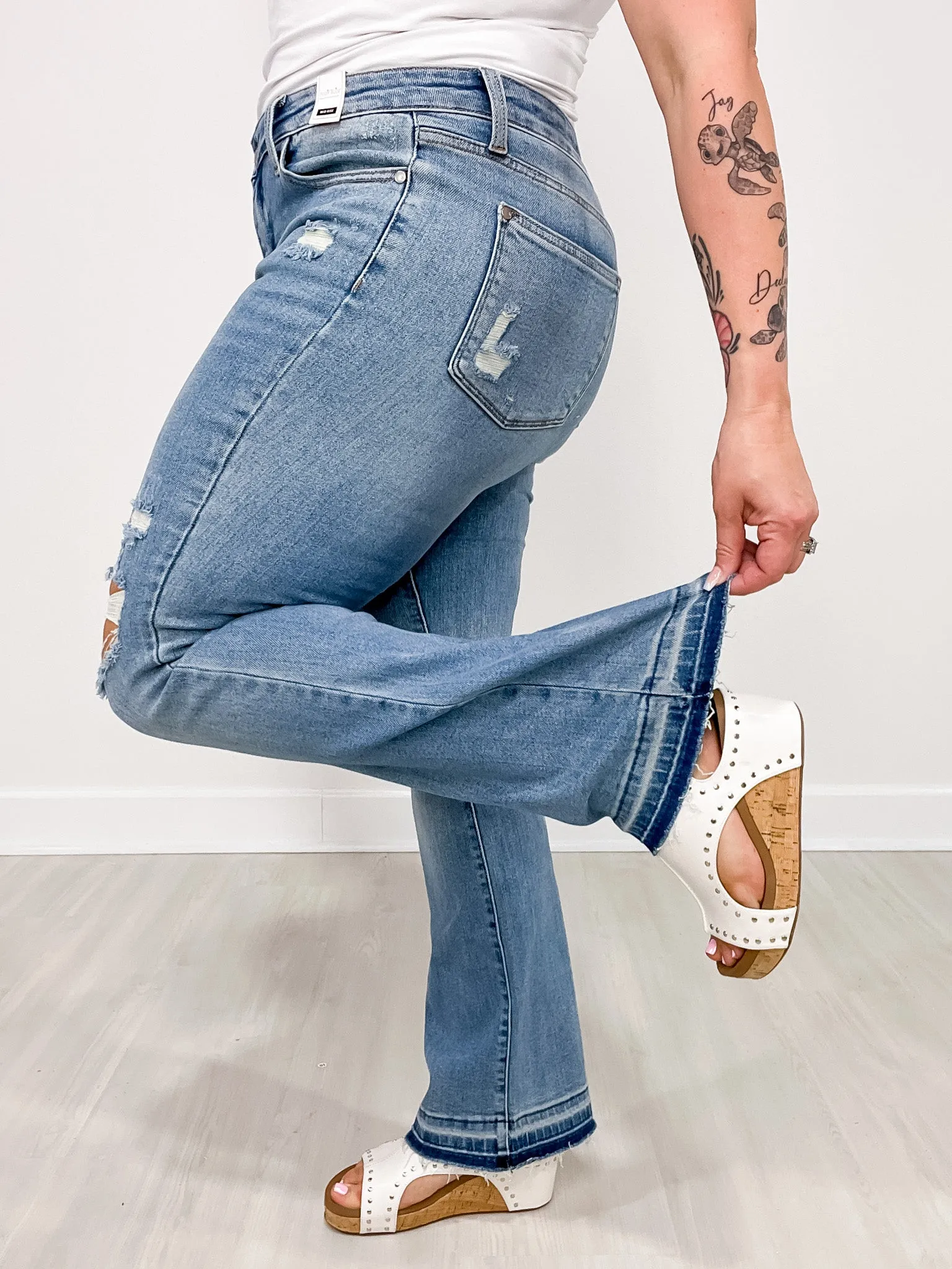 Judy Blue American Girl Mid-Rise Distressed Hem Bootcut Jeans