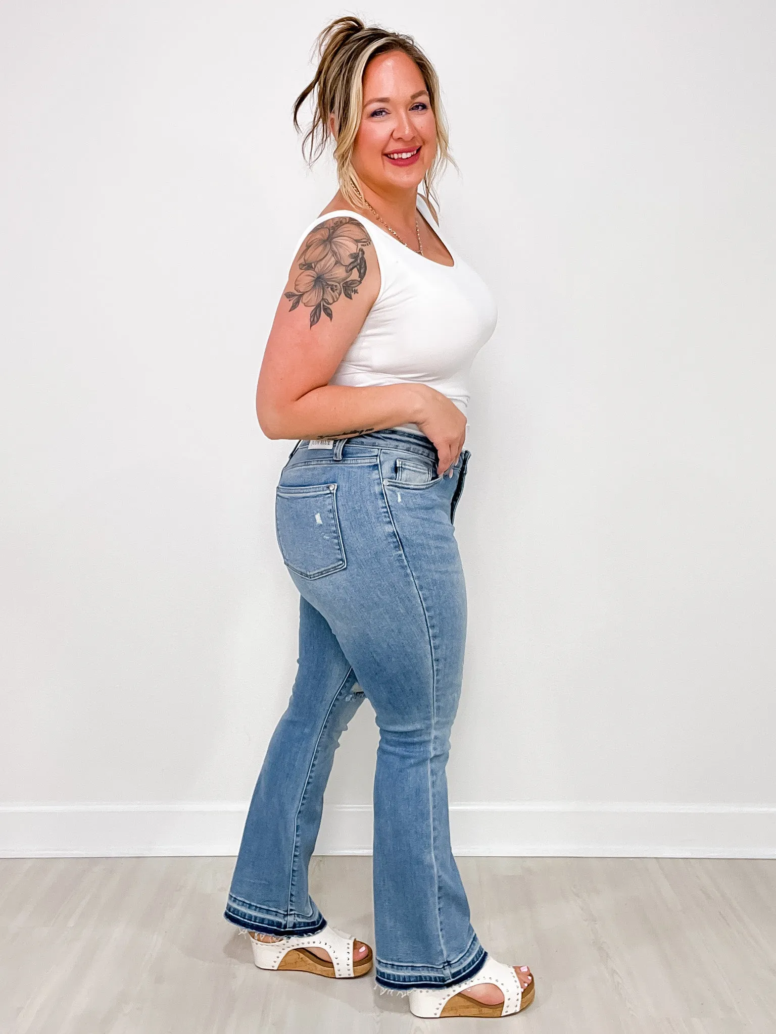 Judy Blue American Girl Mid-Rise Distressed Hem Bootcut Jeans